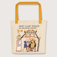 Yellow Bayeux Tapestry What's the Worst That Could Happen in Old English Bag - history buff gift by HistoHead