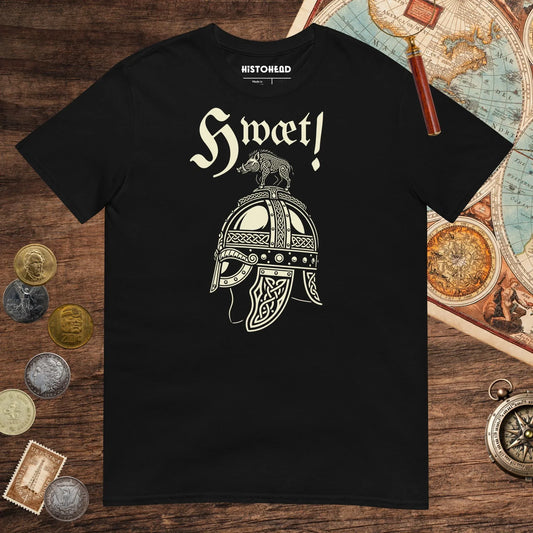Black Hwæt Boar-Crested Helmet Tee - history buff gift by HistoHead