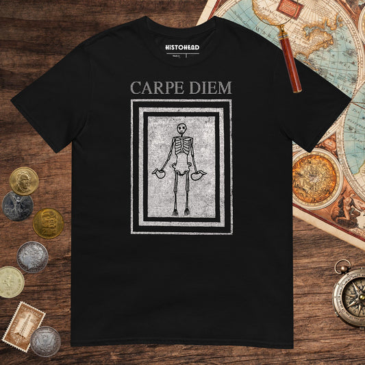 Black Carpe Diem Skeleton Tee - history buff gift by HistoHead