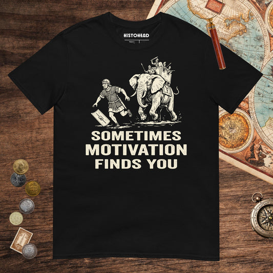 Black Motivation Finds You War Elephant Edition Tee - history buff gift by HistoHead