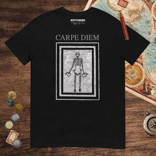 Black Carpe Diem Skeleton Tee - history buff gift by HistoHead