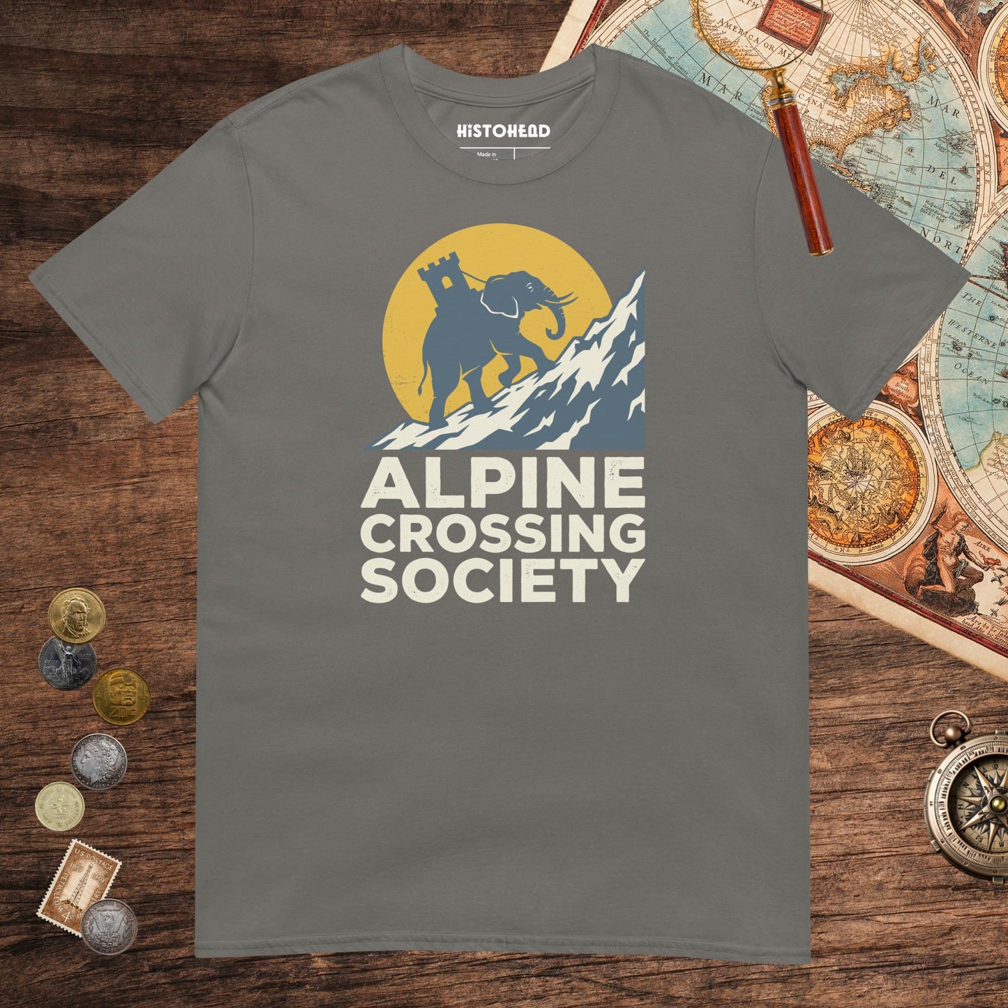 Charcoal Alpine Crossing Society Tee - history buff gift by HistoHead