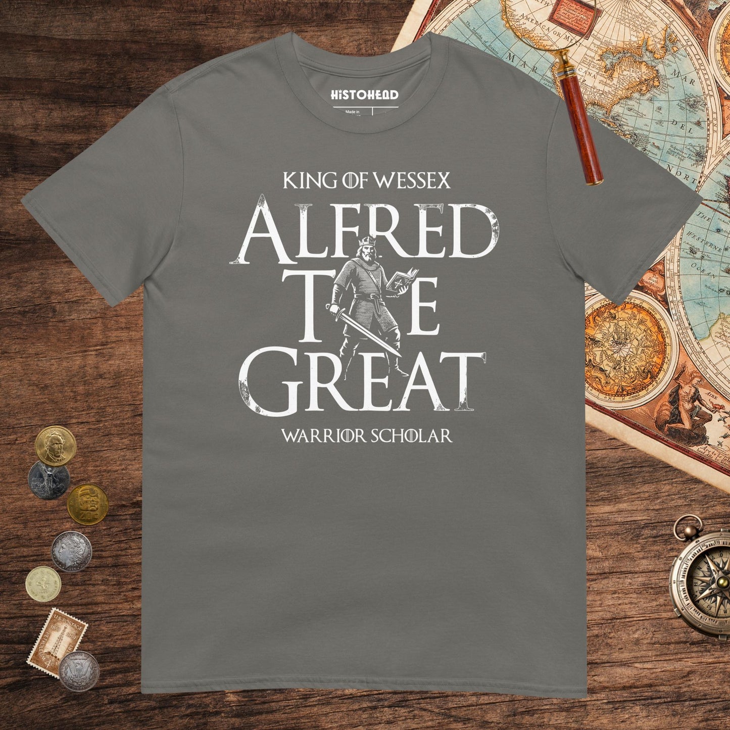 Charcoal Alfred the Great Scholar King Tee - history buff gift by HistoHead