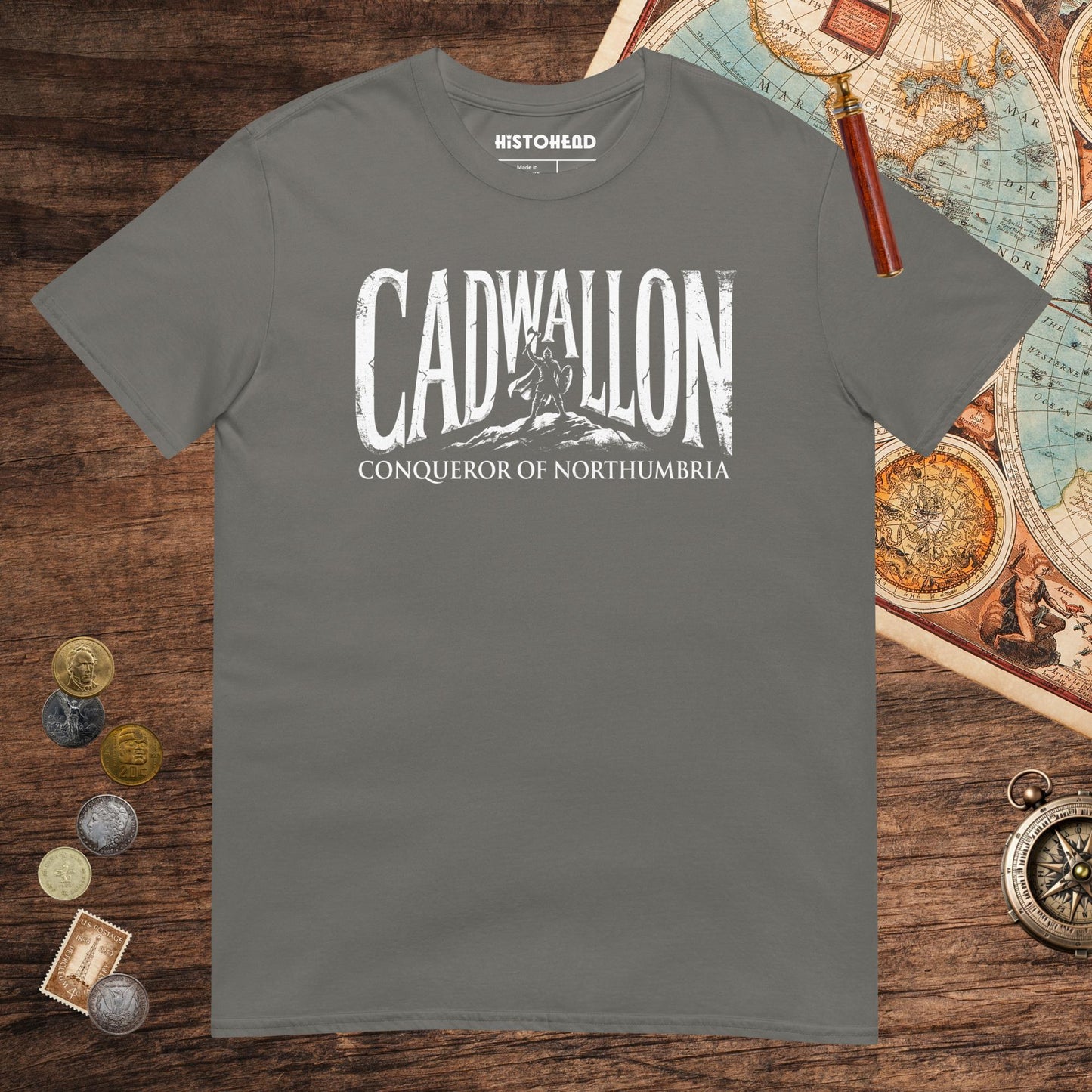 Charcoal Cadwallon Conqueror of Northumbria Tee - history buff gift by HistoHead