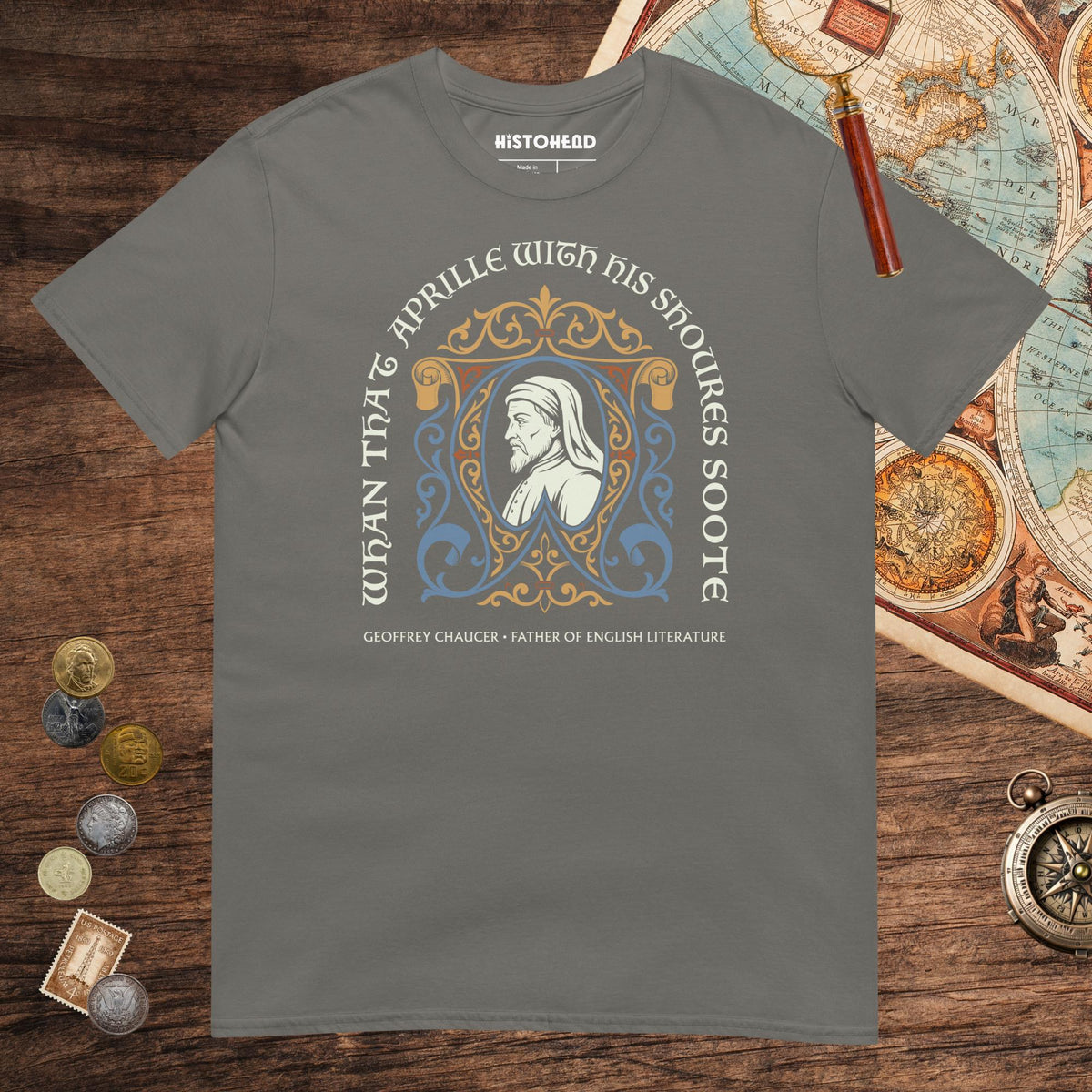 Charcoal Geoffrey Chaucer Tee - history buff gift by HistoHead