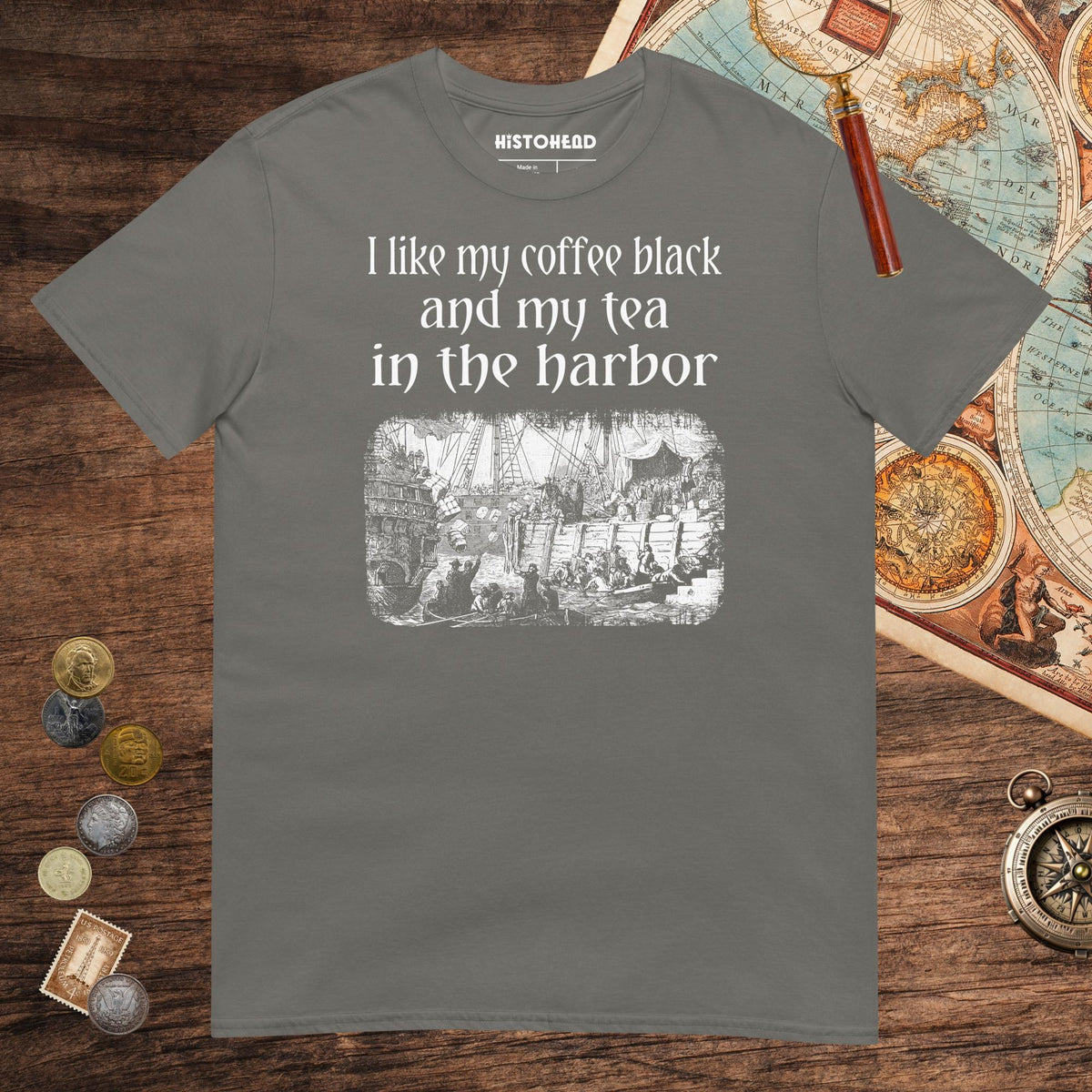 Charcoal Coffee Black Tea in the Harbor Tee - history buff gift by HistoHead