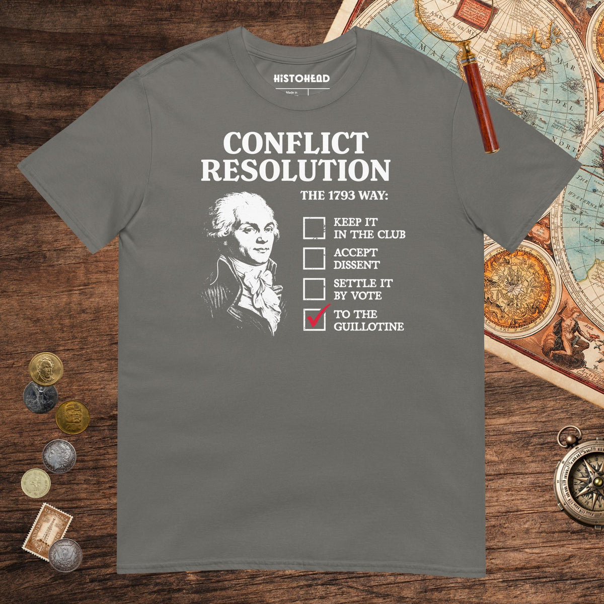 Charcoal Robespierre's Conflict Resolution Tee - history buff gift by HistoHead