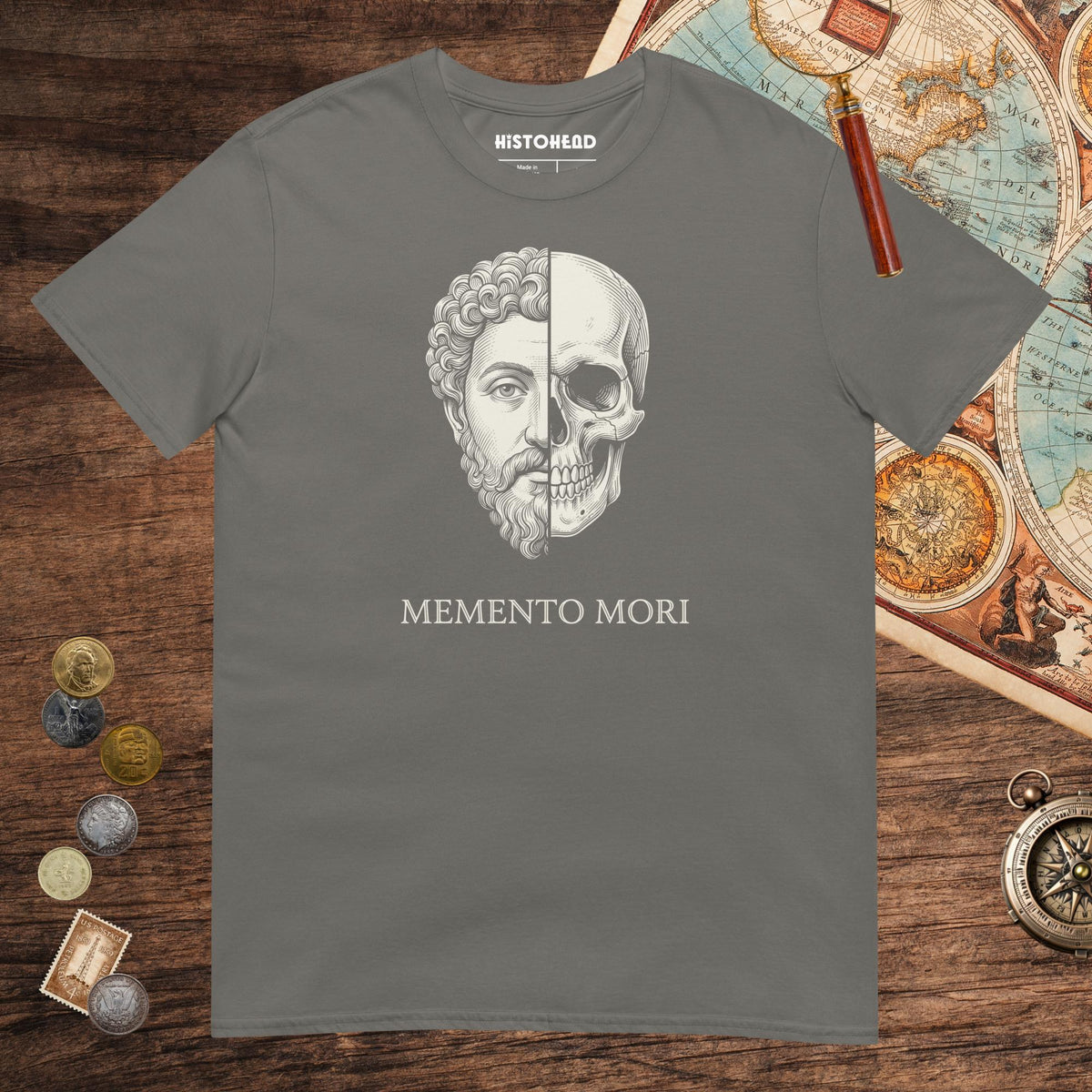 Charcoal Marcus Aurelius Skull Tee - history buff gift by HistoHead