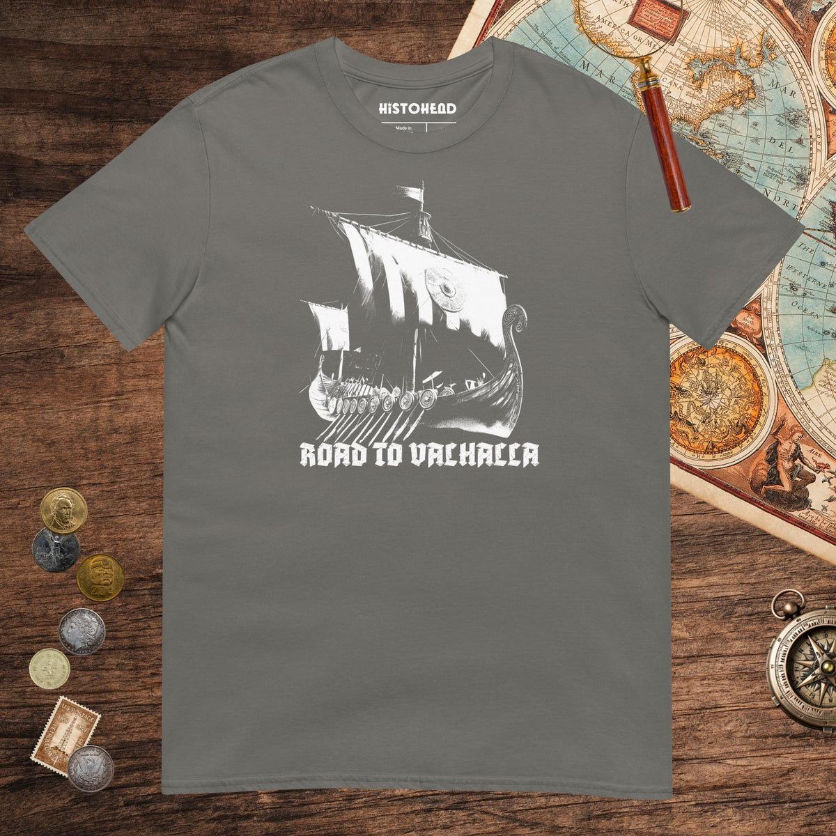 Charcoal Road to Valhalla Tee - history buff gift by HistoHead