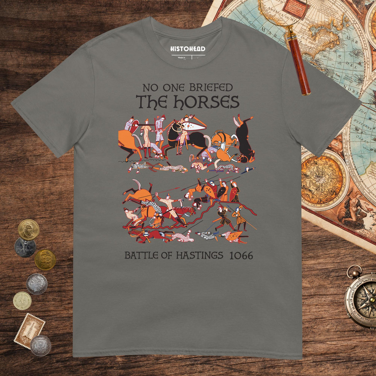 Charcoal Bayeux Tapestry No One Briefed the Horses Tee - history buff gift by HistoHead