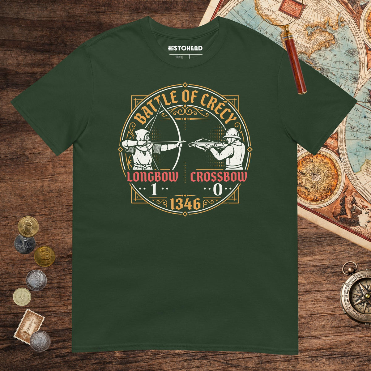 Forest Green Battle of Crécy Longbow vs Crossbow Tee - history buff gift by HistoHead
