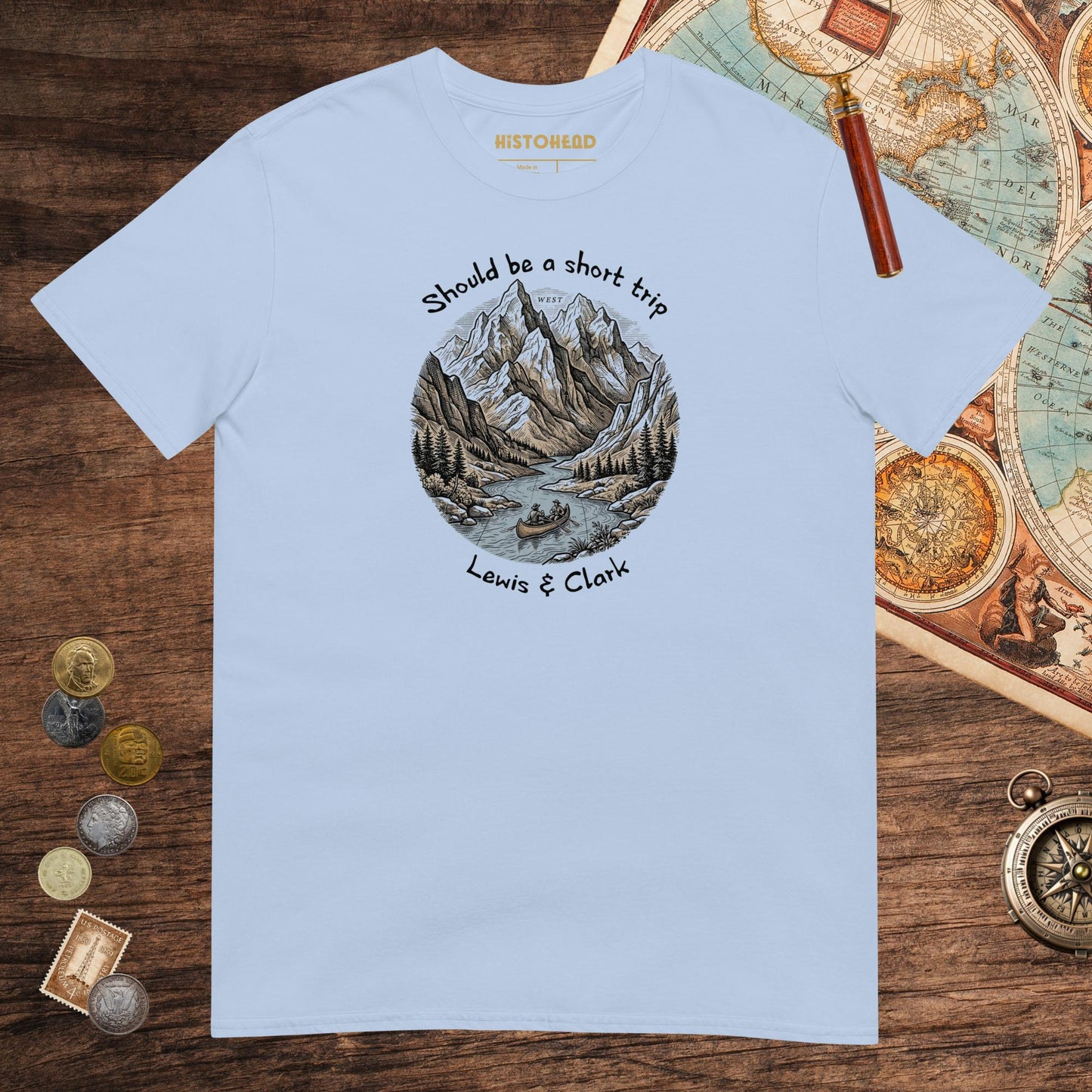 Light Blue Lewis & Clark Short Trip Tee - history buff gift by HistoHead