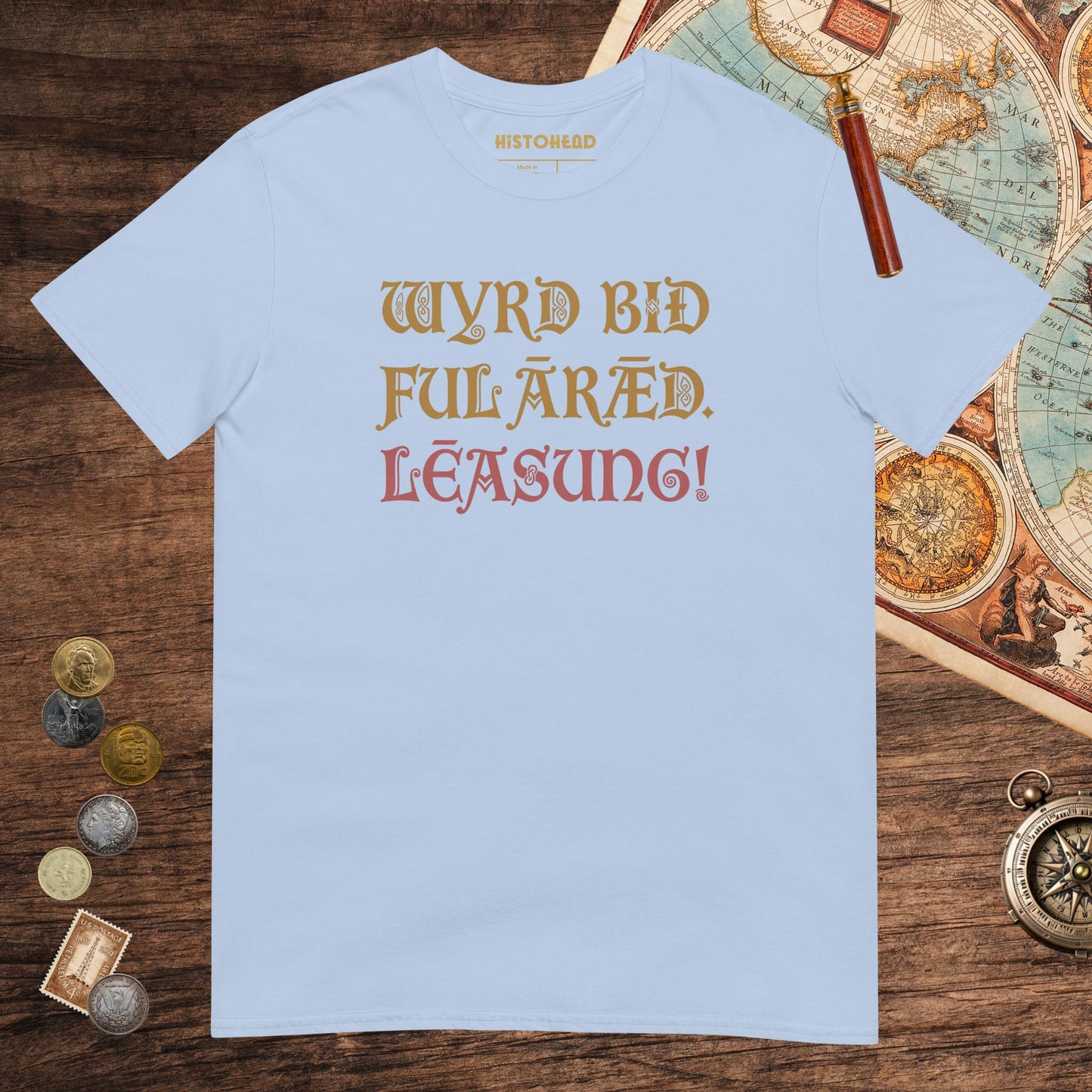 Light Blue Old English Fate Denied Tee - history buff gift by HistoHead