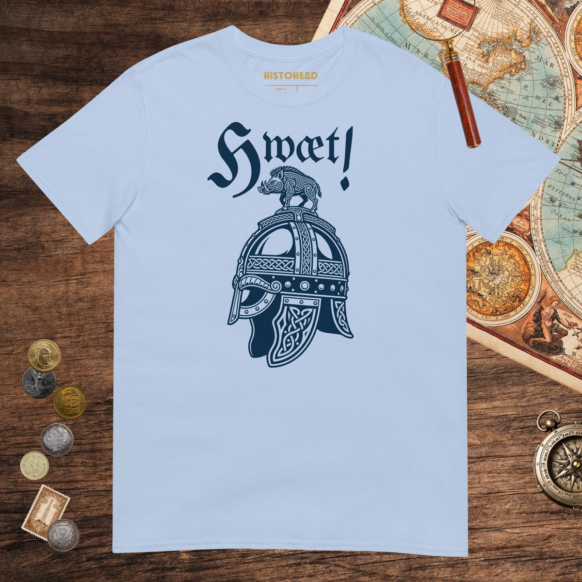 Light Blue Hwæt Boar-Crested Helmet Tee - history buff gift by HistoHead