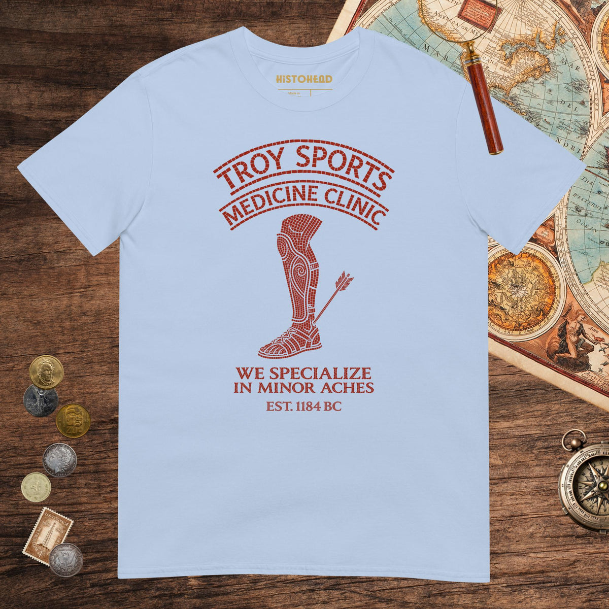 Light Blue Troy Sports Medicine Clinic Tee - history buff gift by HistoHead