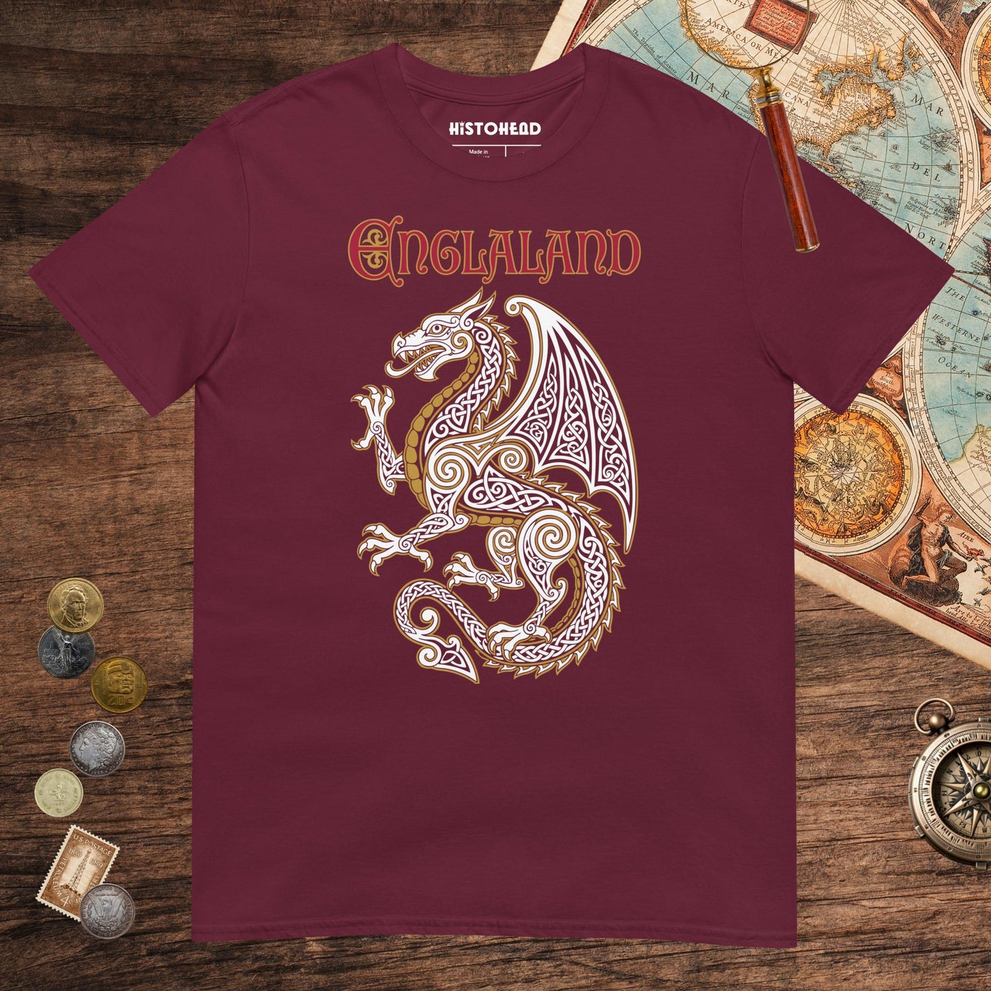 Maroon Englaland Dragon Tee - history buff gift by HistoHead