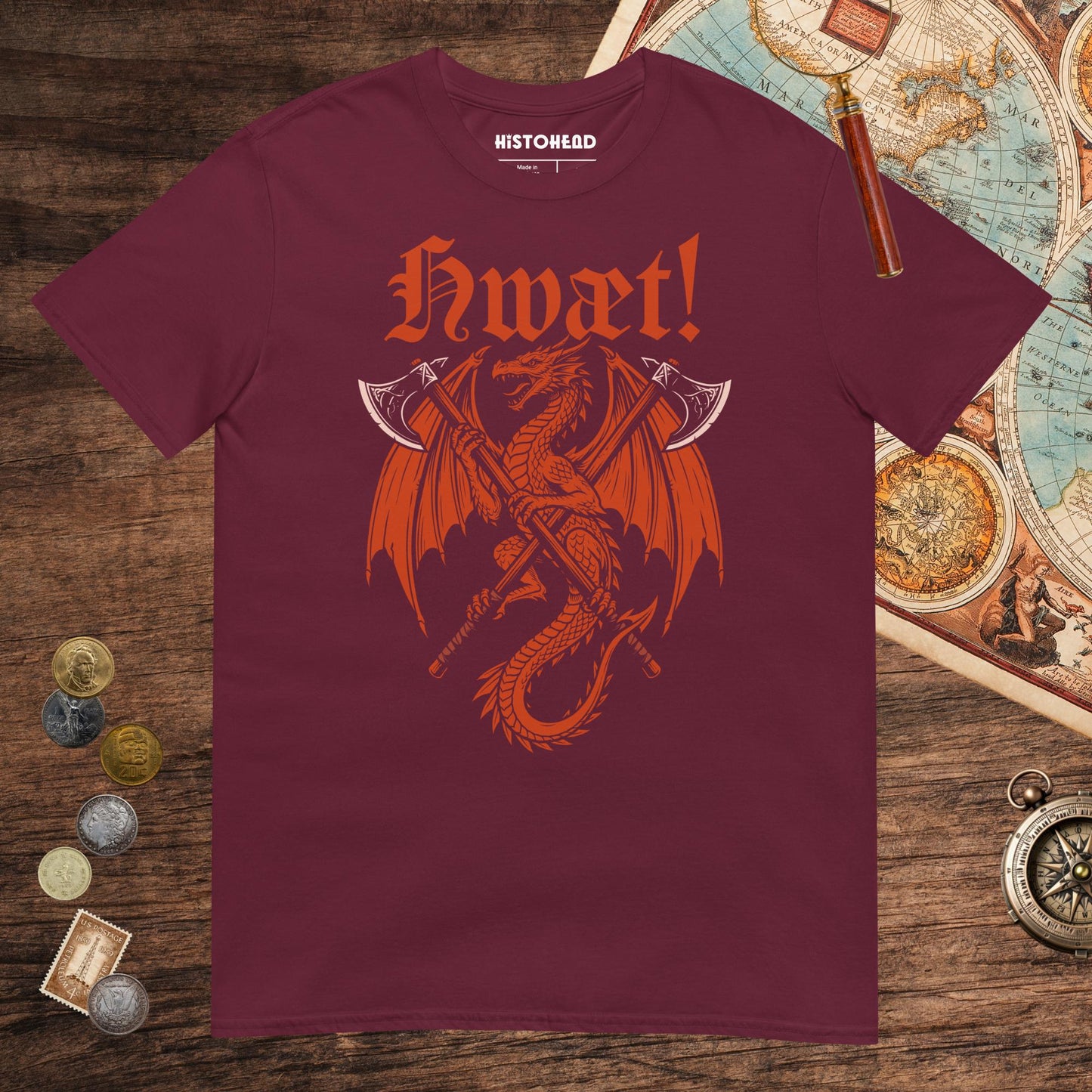 Maroon Hwæt Dragon Axe Tee - history buff gift by HistoHead