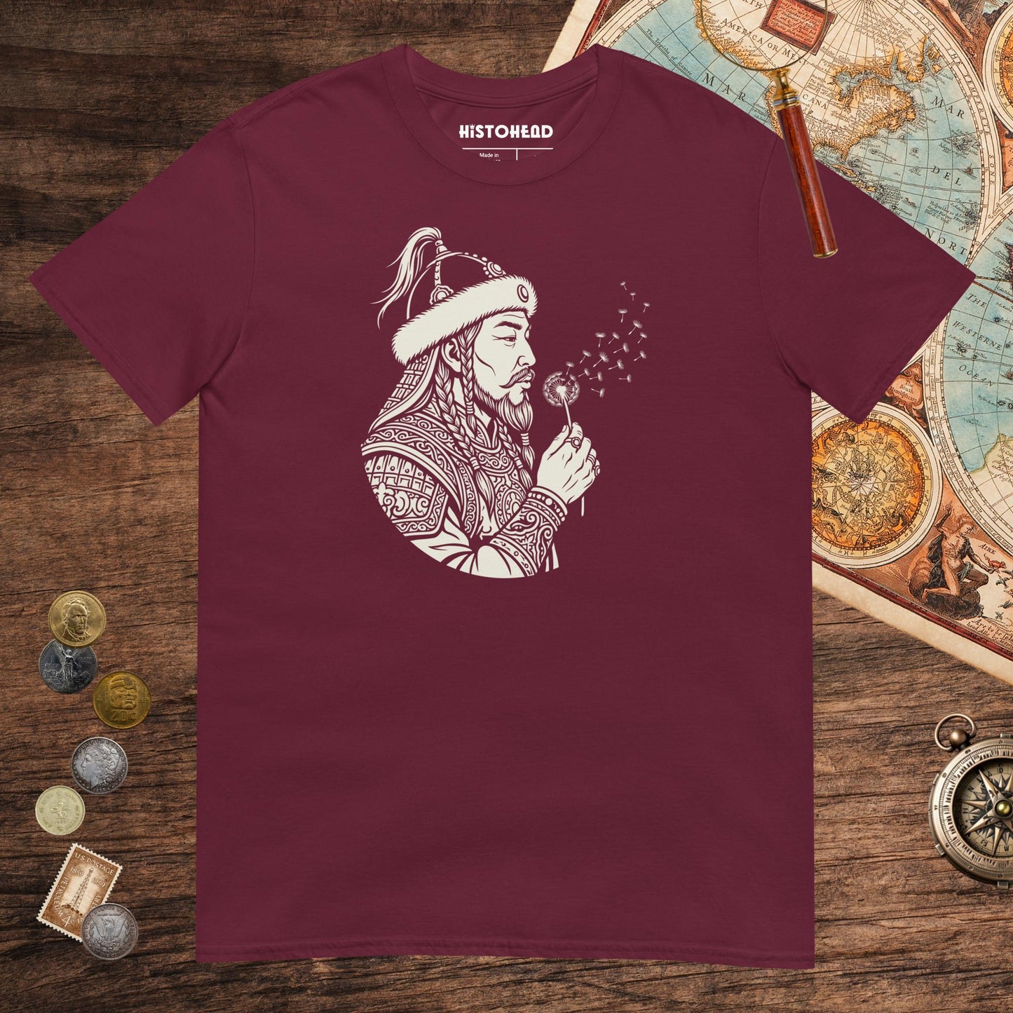 Maroon Genghis Khan Blowing Wishes Tee - history buff gift by HistoHead