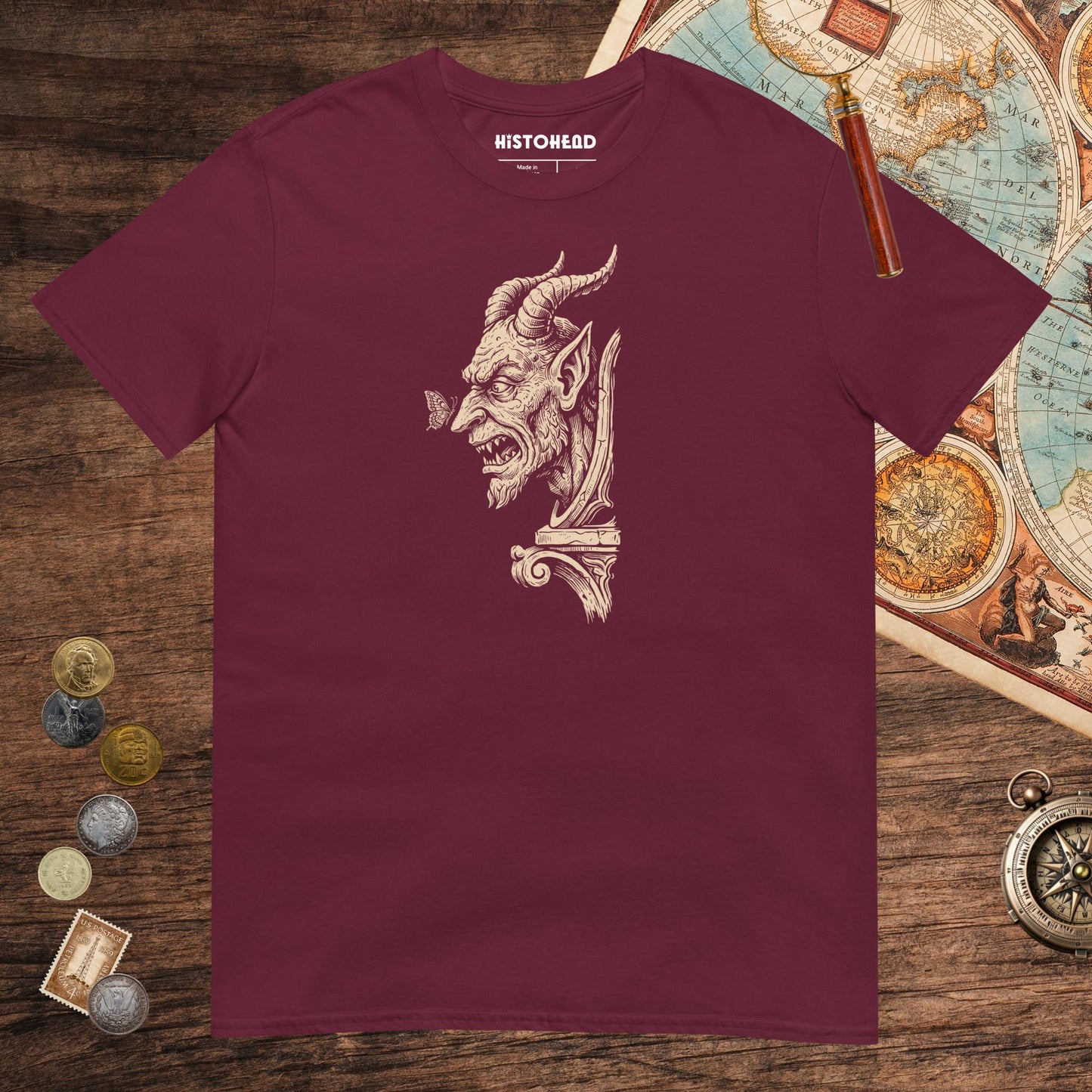 Maroon Grotesque and Butterfly Tee - history buff gift by HistoHead
