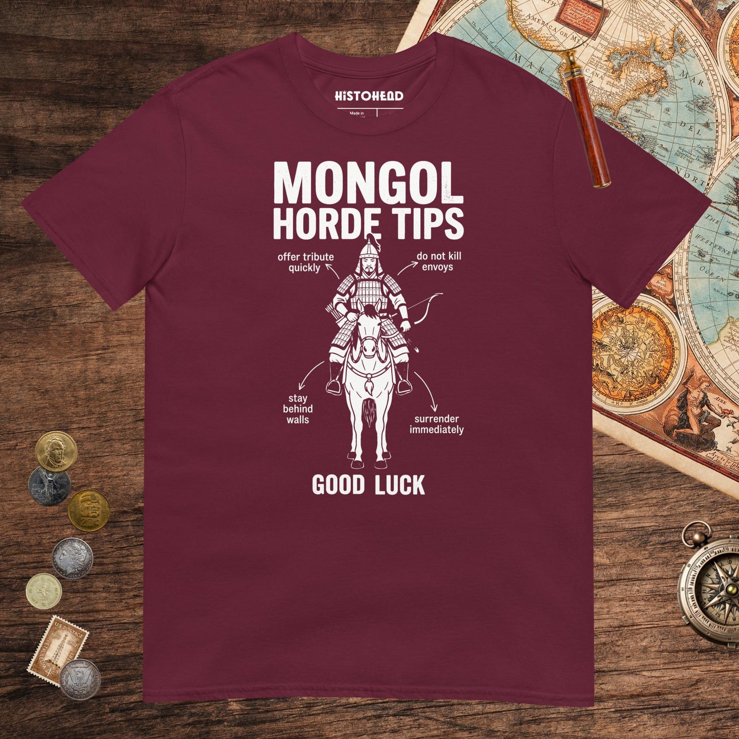 Maroon Mongol Horde Tips Tee - history buff gift by HistoHead