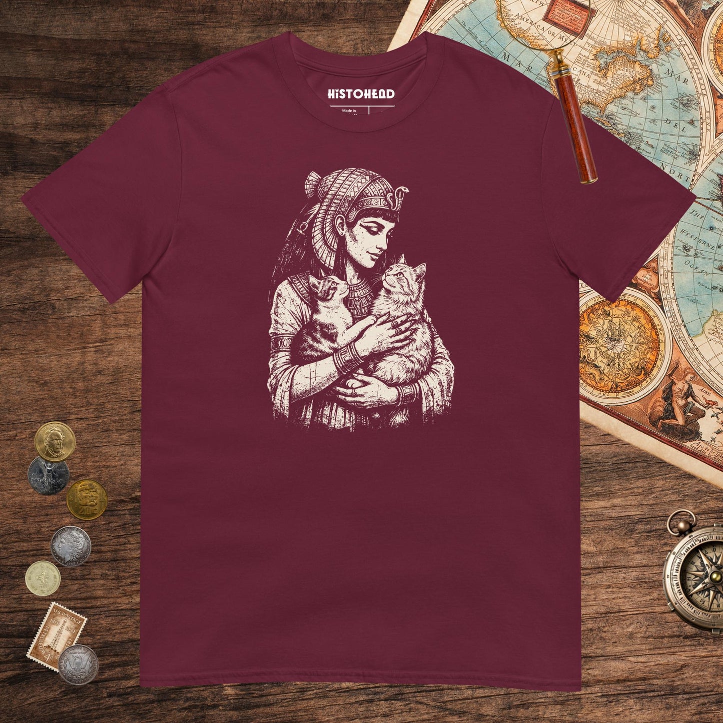 Maroon Cleopatra's Cats Tee - history buff gift by HistoHead