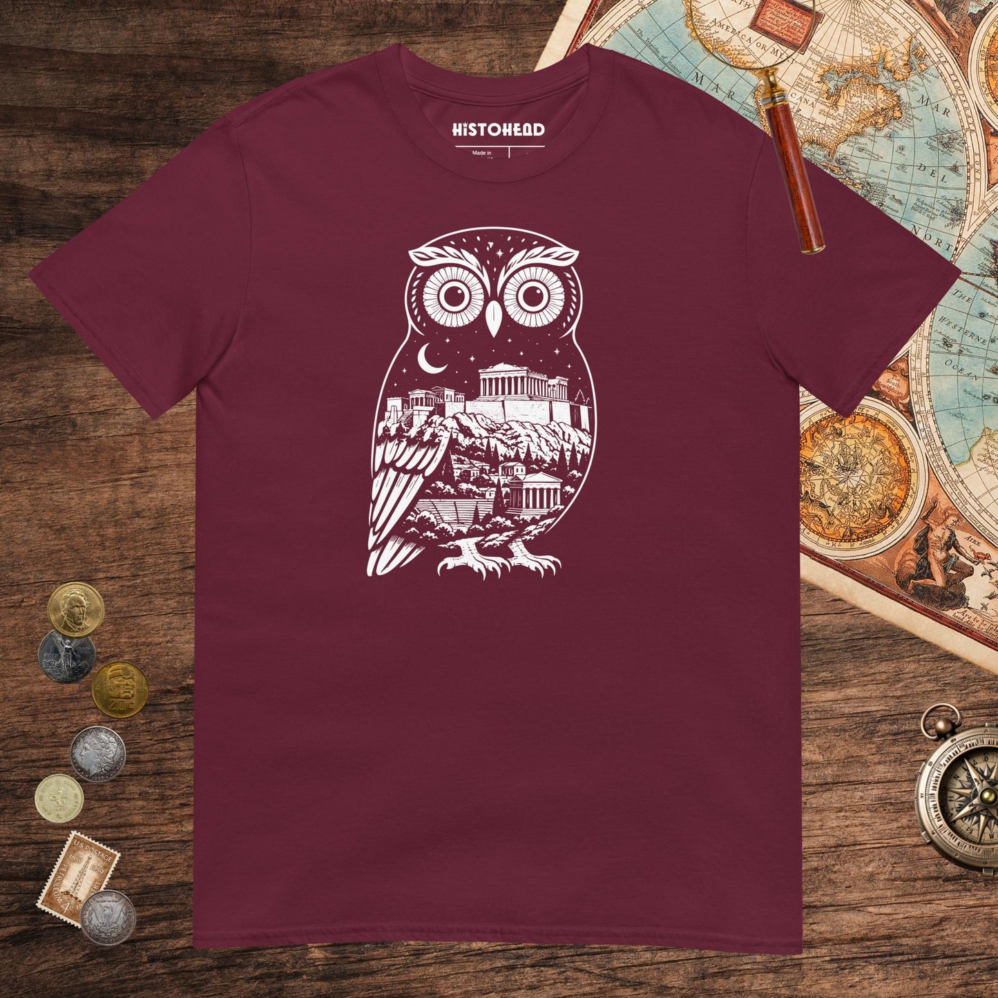 Maroon Athena Owl Tee - history buff gift by HistoHead
