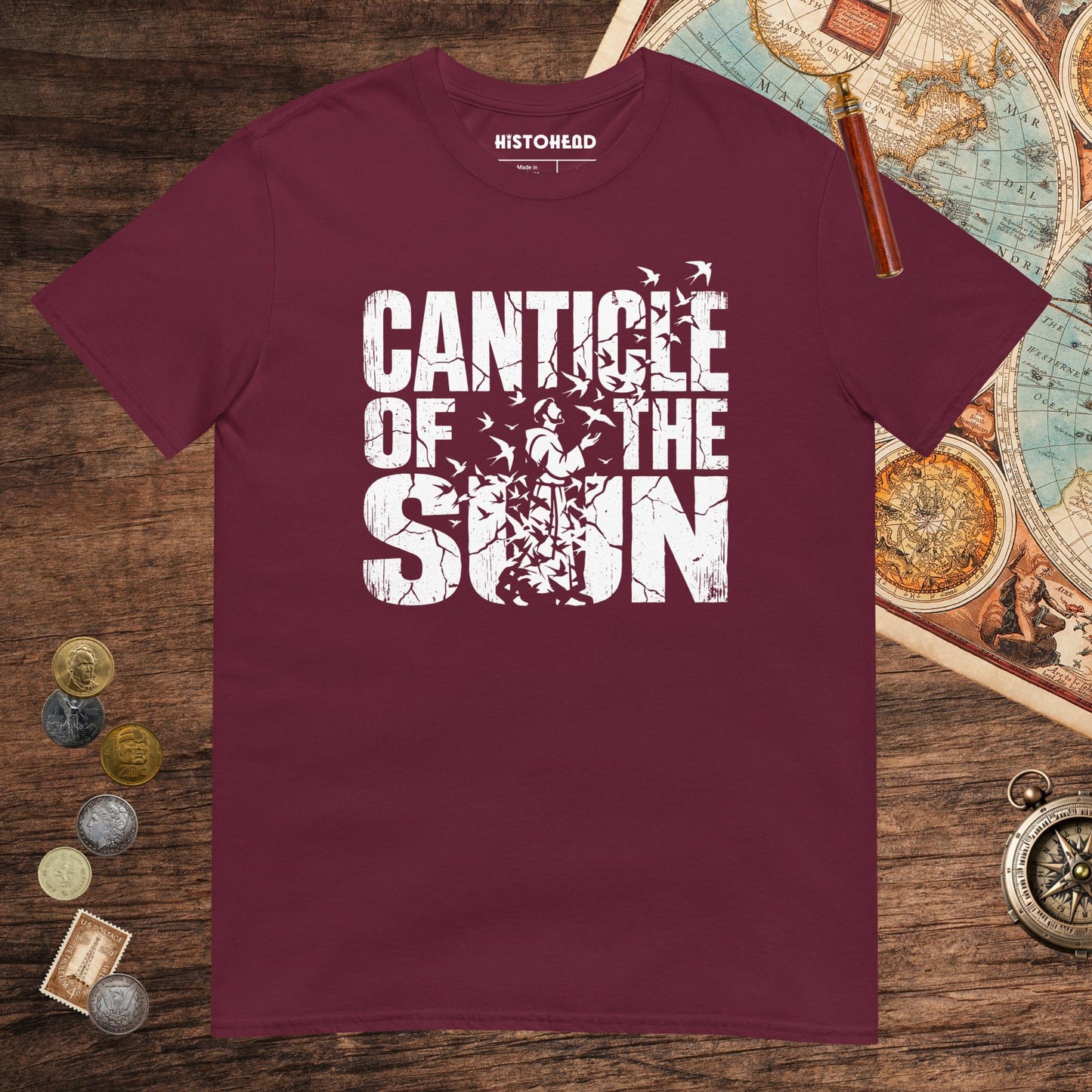 Maroon Canticle of the Sun Saint Francis of Assisi Birds Tee - history buff gift by HistoHead