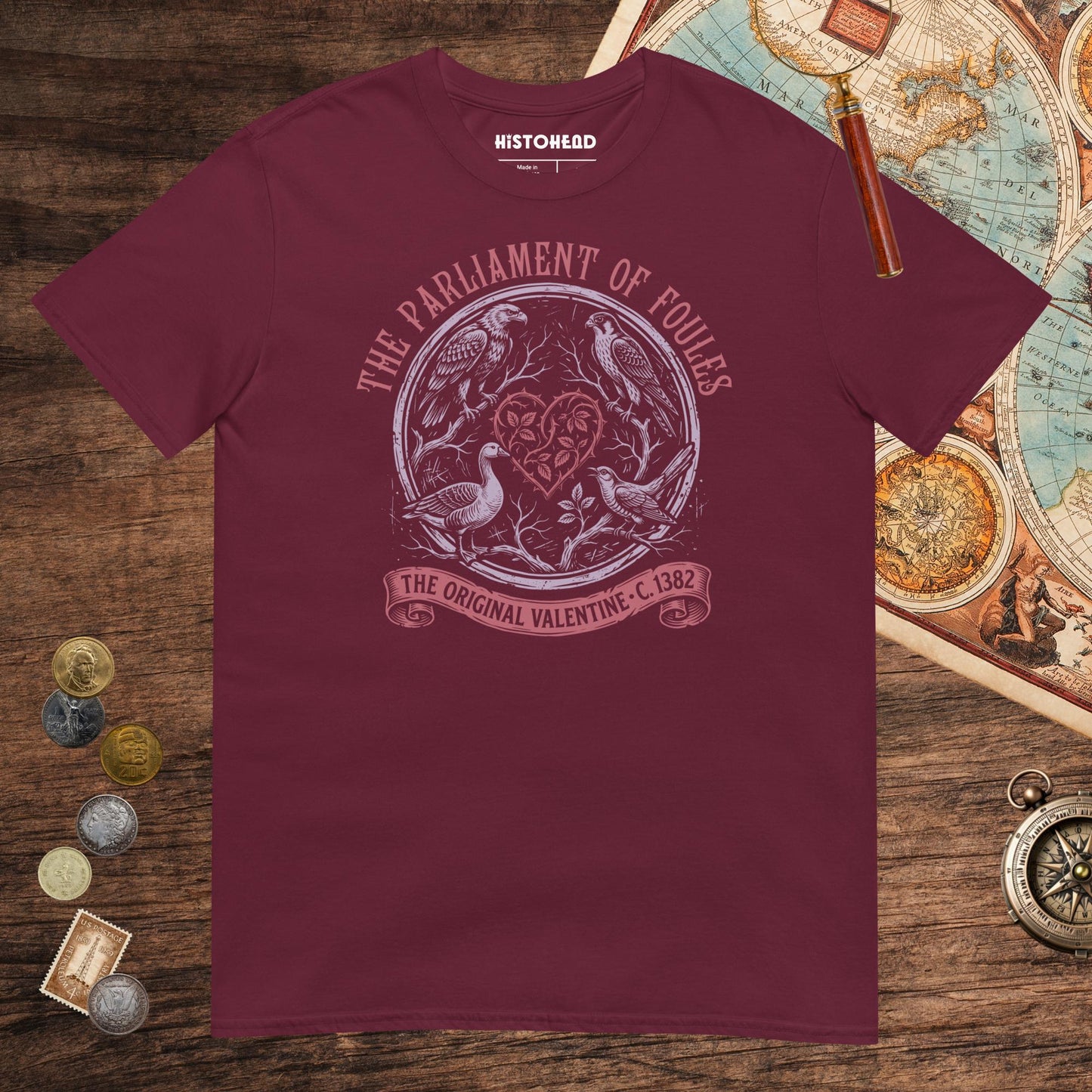 Maroon Chaucer Parliament of Foules Valentine Tee - history buff gift by HistoHead