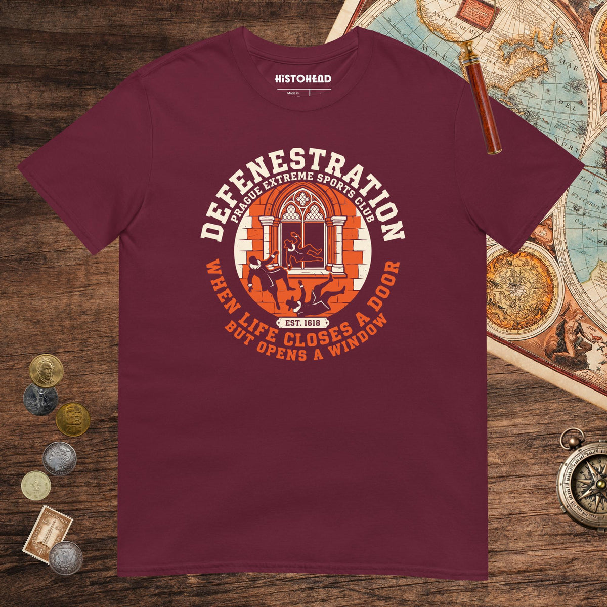 Maroon Defenestration Prague Extreme Sports Club Tee - history buff gift by HistoHead
