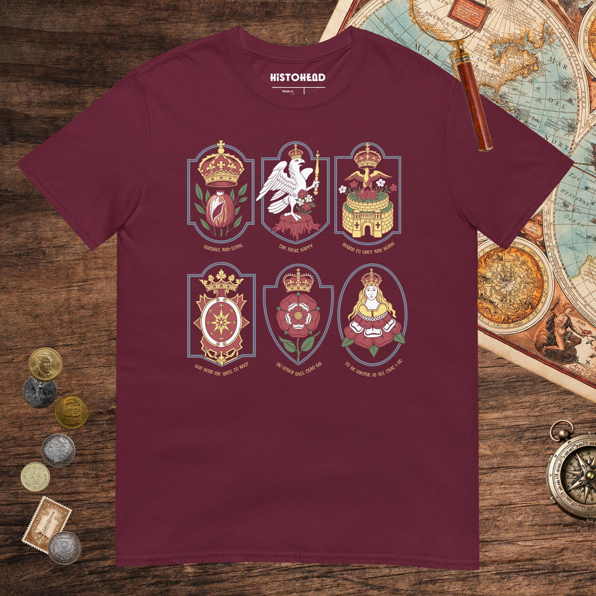 Maroon Six Wives Badges Tee - history buff gift by HistoHead