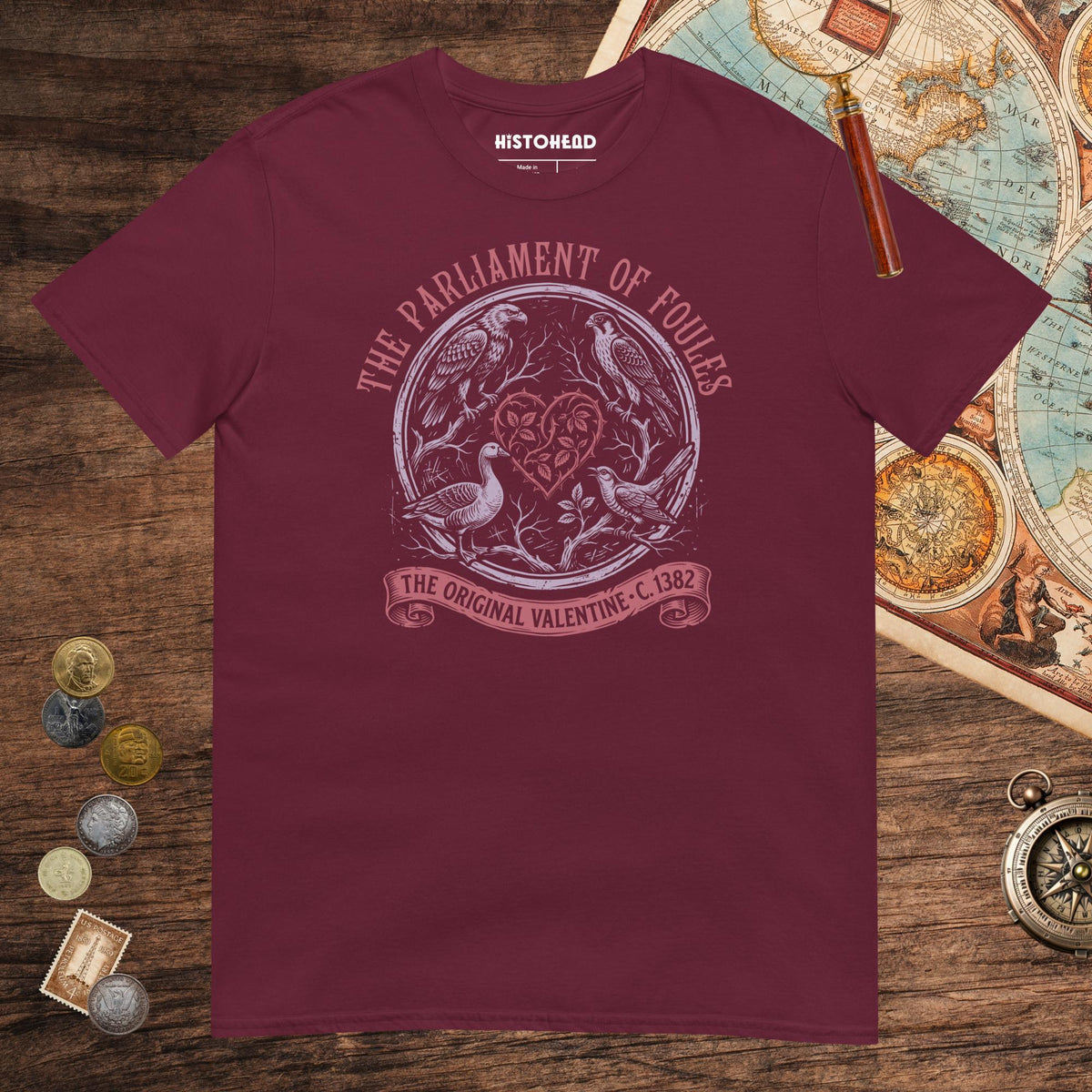 Maroon Chaucer Parliament of Foules Valentine Tee - history buff gift by HistoHead