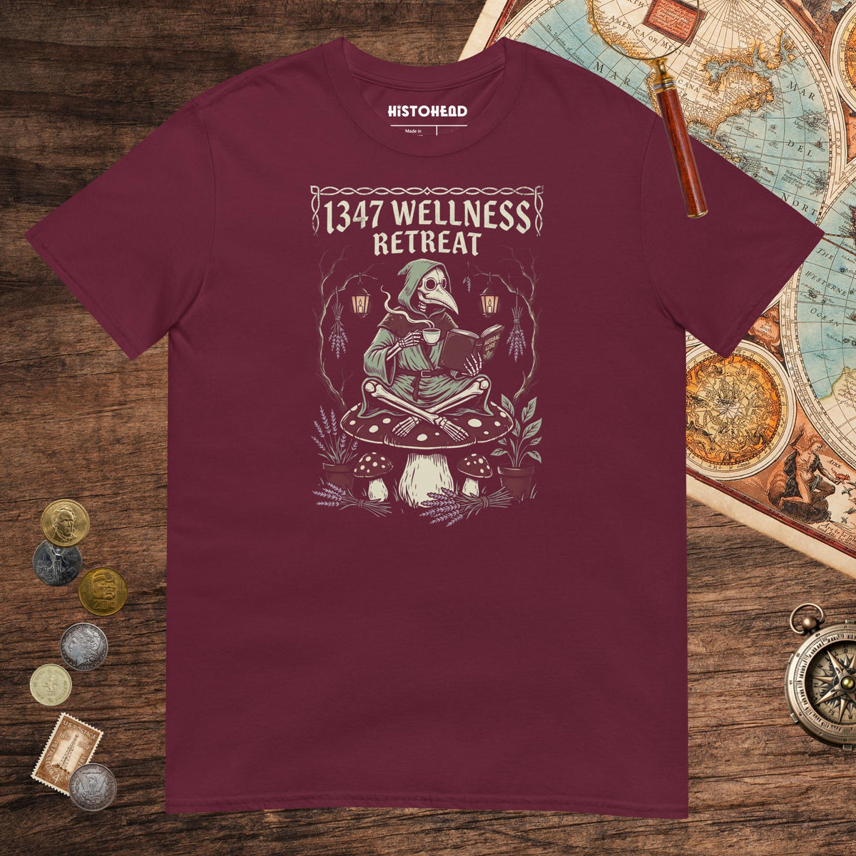Maroon Plague Doctor Wellness Retreat Tee - history buff gift by HistoHead