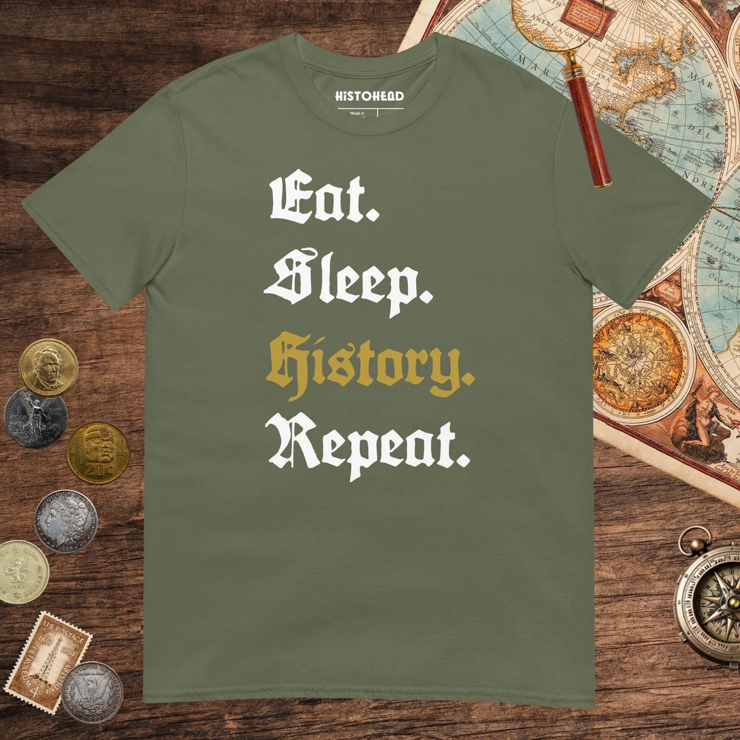 Military Green Eat Sleep History Repeat Tee - history buff gift by HistoHead