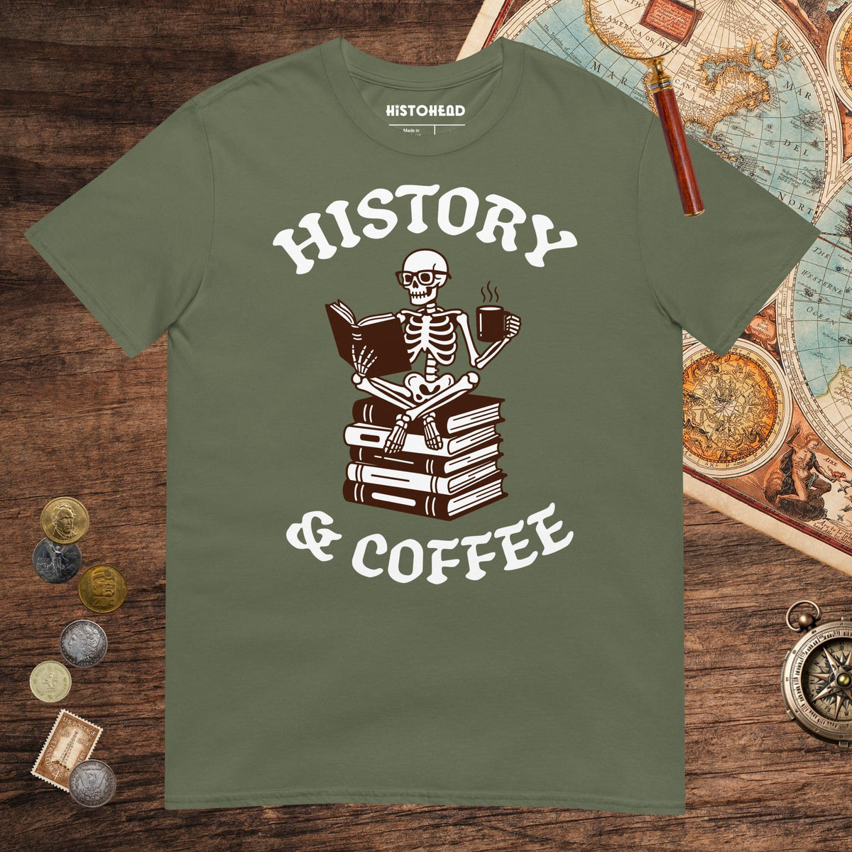 Military Green History & Coffee Tee - history buff gift by HistoHead