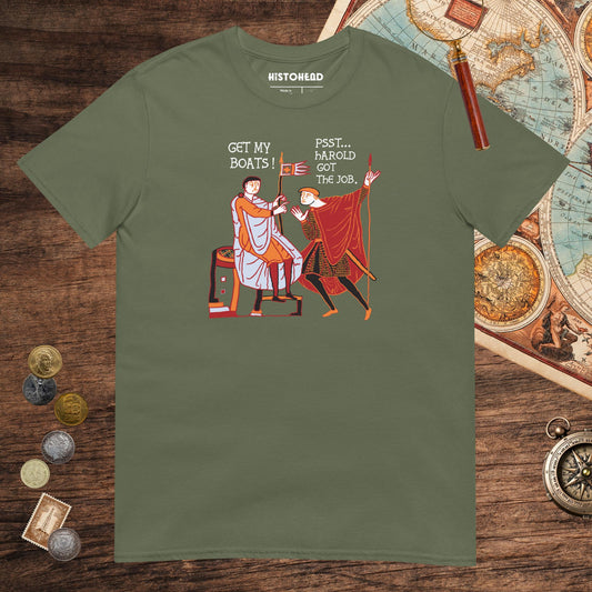 Military Green Bayeux Tapestry Harold Got the Job Tee - history buff gift by HistoHead