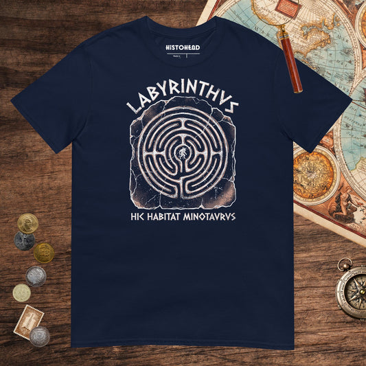 Navy Labyrinthus Here Lives Minotaur Tee - history buff gift by HistoHead