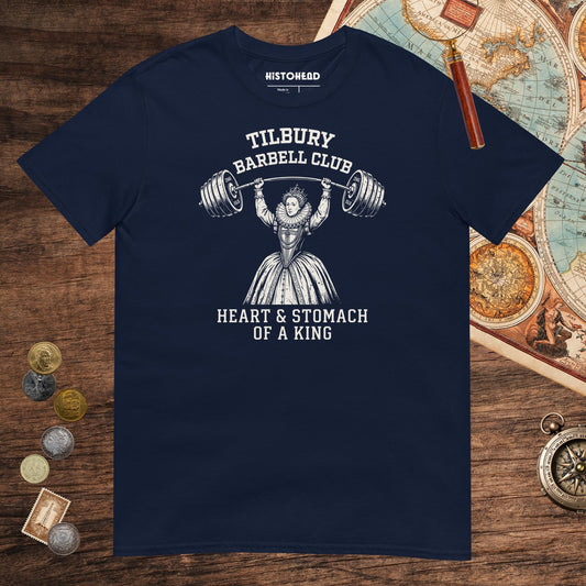 Navy Elizabeth I Tilbury Barbell Club Tee - history buff gift by HistoHead