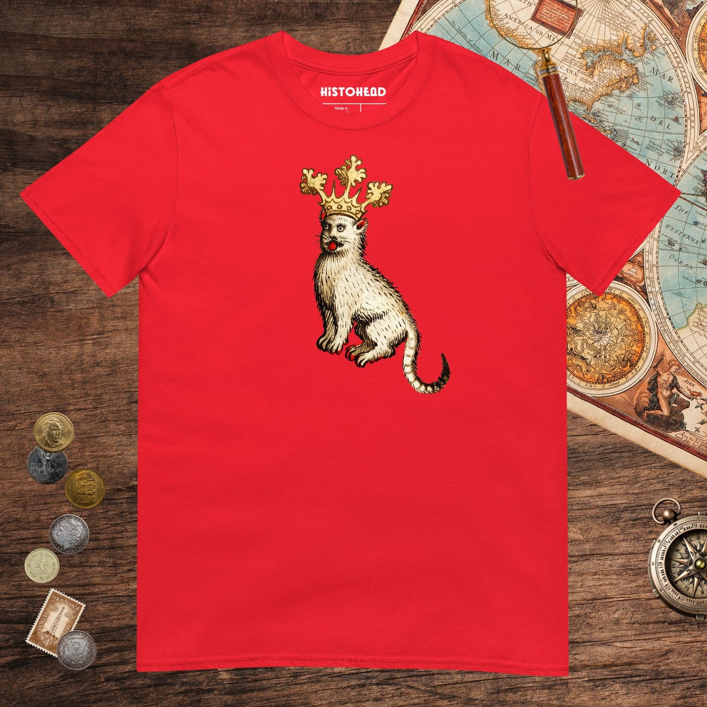 Red Medieval Cat King Tee - history buff gift by HistoHead