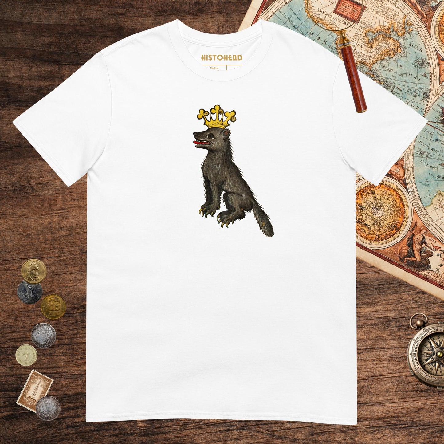 White Medieval Wolf King Tee - history buff gift by HistoHead