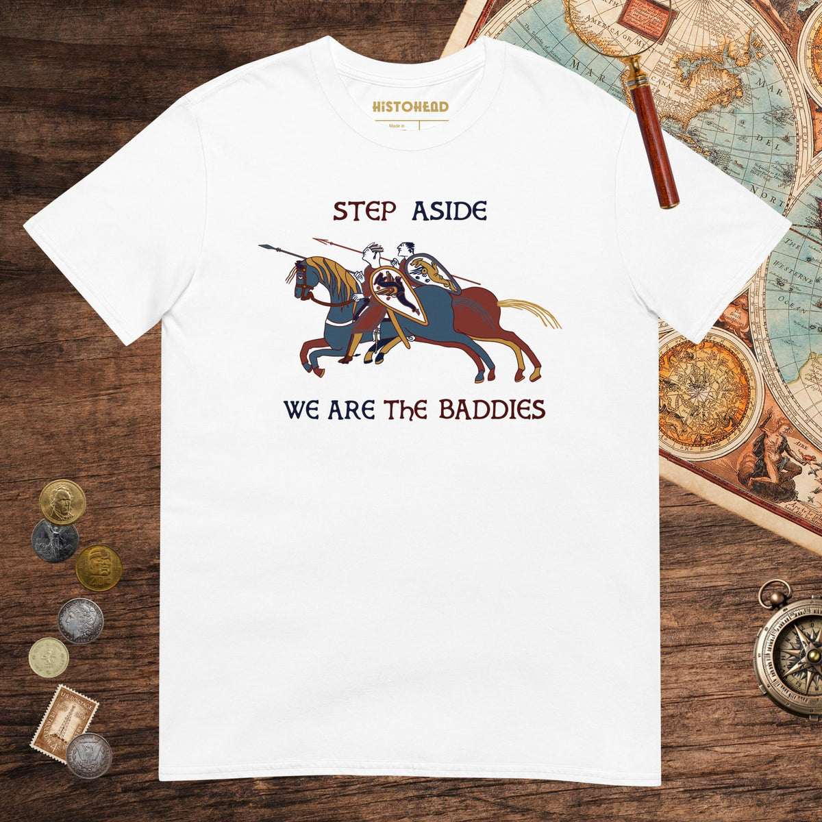 White Bayeux Tapestry Step Aside We Are the Baddies Tee - history buff gift by HistoHead