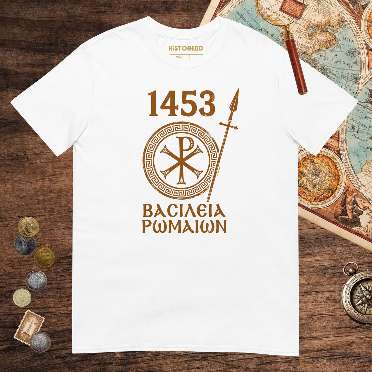 White 1453 Empire of the Romans in Greek Tee - history buff gift by HistoHead