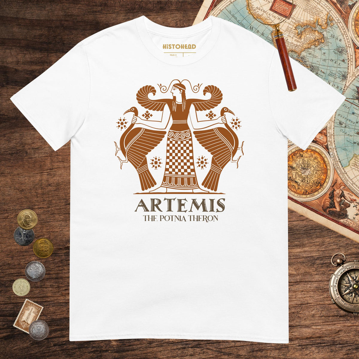 White Artemis the Potnia Theron Pottery Art Tee - history buff gift by HistoHead