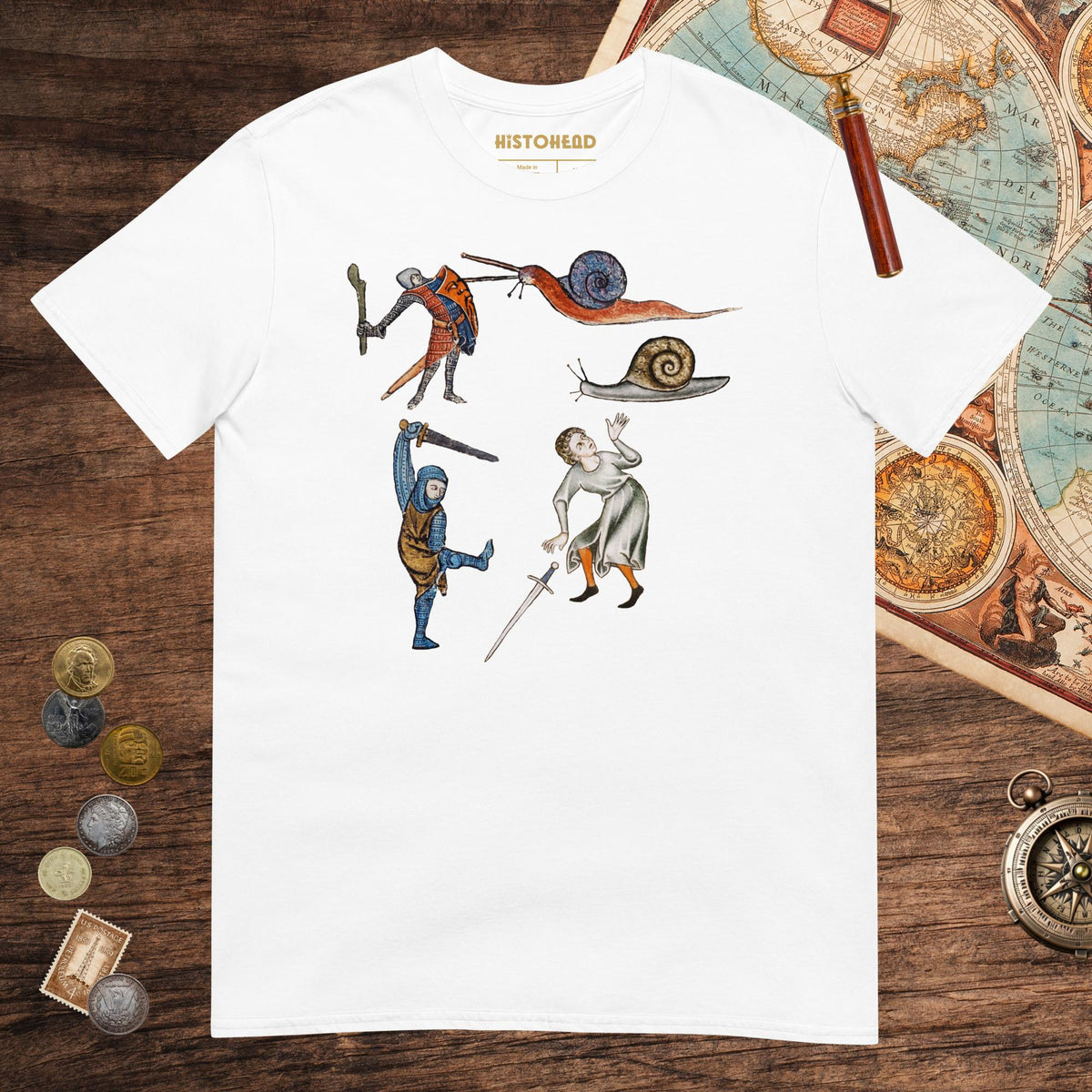 White Medieval Marginalia Snail Enemy Tee - history buff gift by HistoHead