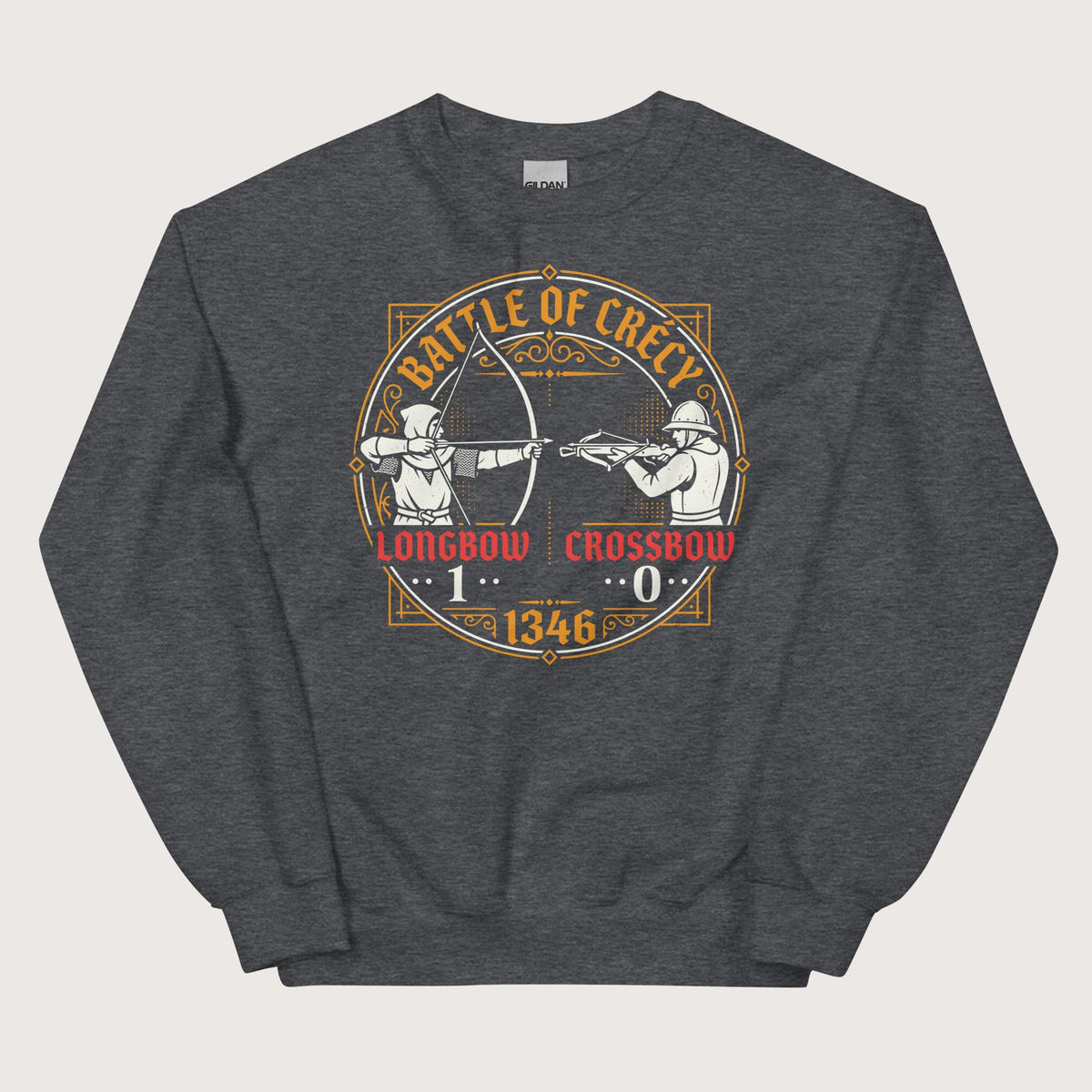 Dark Heather Battle of Crécy Longbow vs Crossbow Sweatshirt - history buff gift by HistoHead