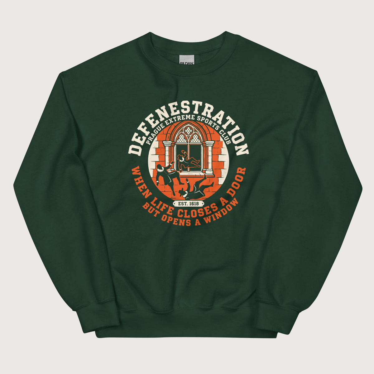Forest Green Defenestration Prague Extreme Sports Club Sweatshirt - history buff gift by HistoHead