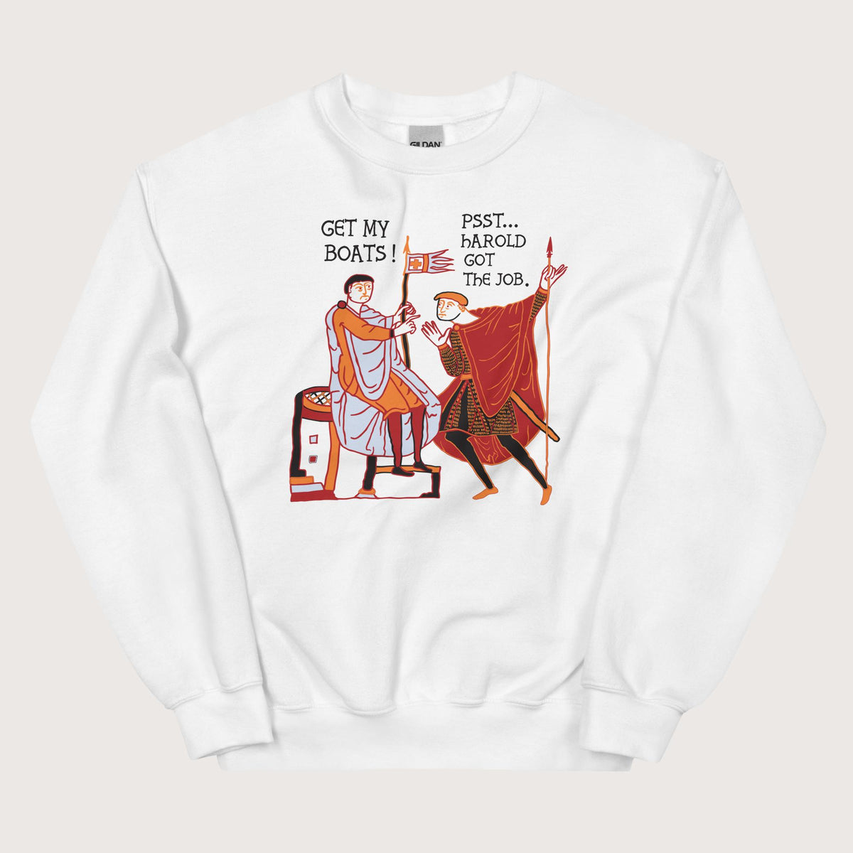 White Bayeux Tapestry Harold Got the Job Sweatshirt - history buff gift by HistoHead