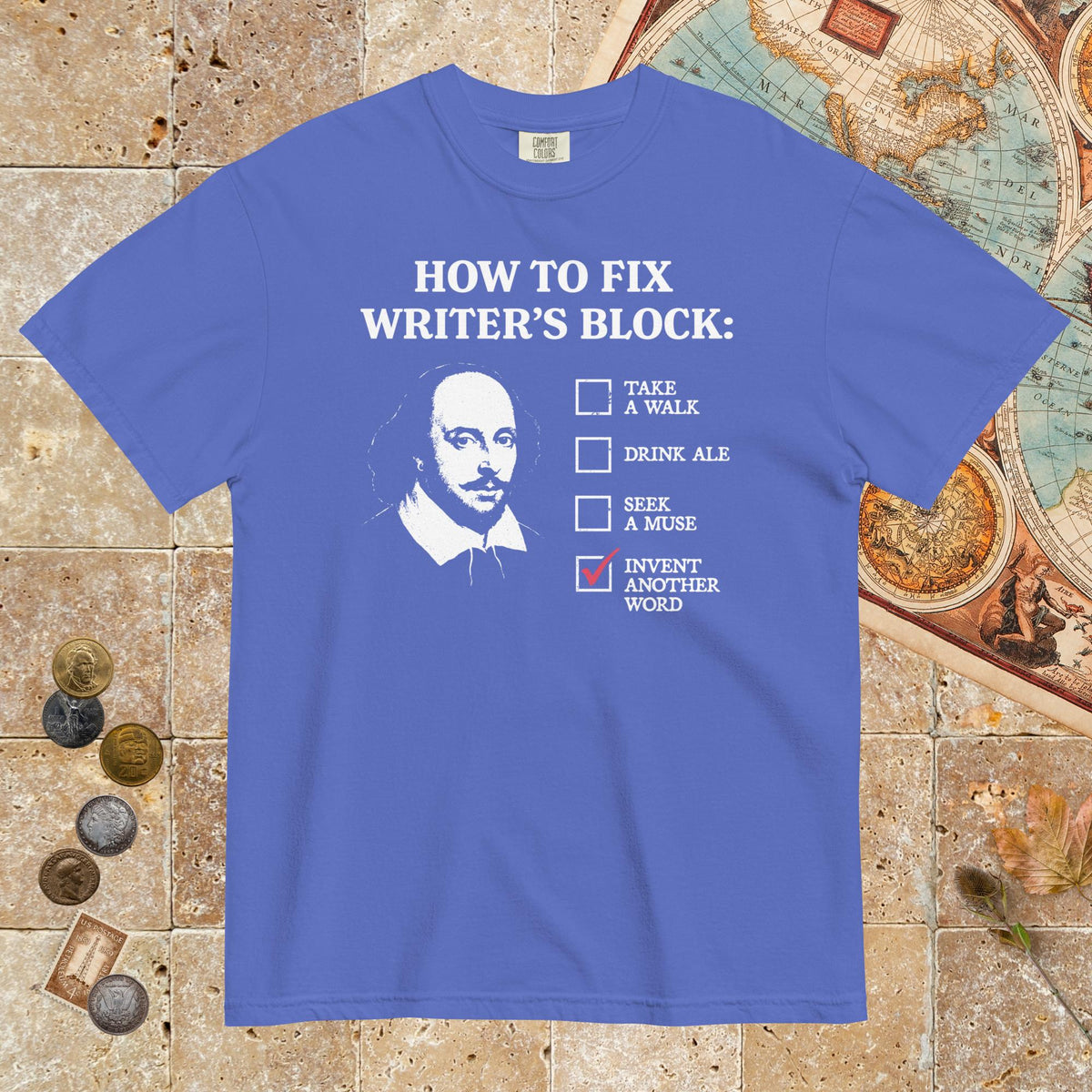 Flo Blue Shakespeare How to Fix Writer's Block - Premium Tee - history buff gift by HistoHead