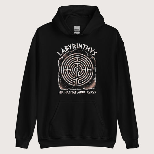 Black Labyrinthus Here Lives Minotaur Hoodie - history buff gift by HistoHead