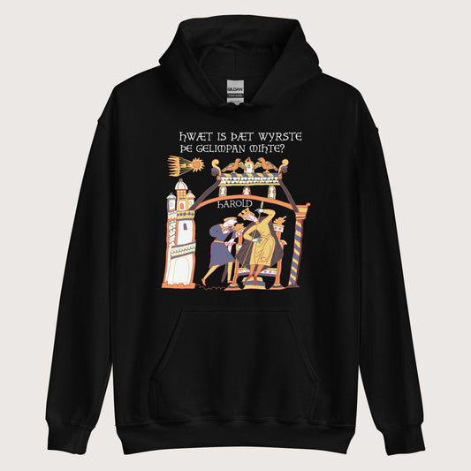 Black Bayeux Tapestry What's the Worst That Could Happen in Old English Hoodie - history buff gift by HistoHead