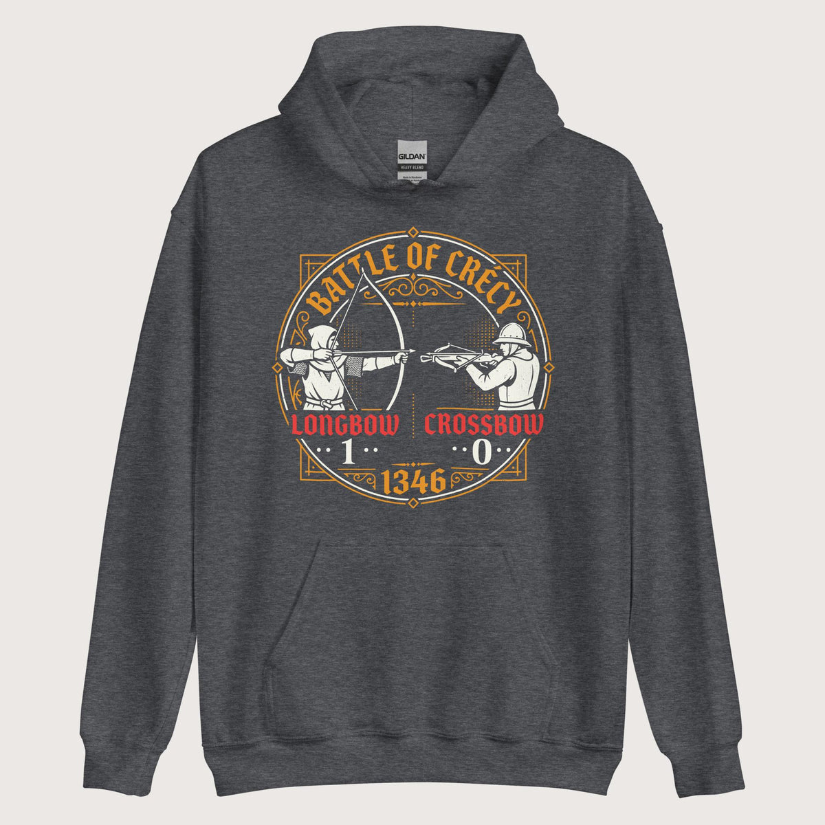 Dark Heather Battle of Crécy Longbow vs Crossbow Hoodie - history buff gift by HistoHead